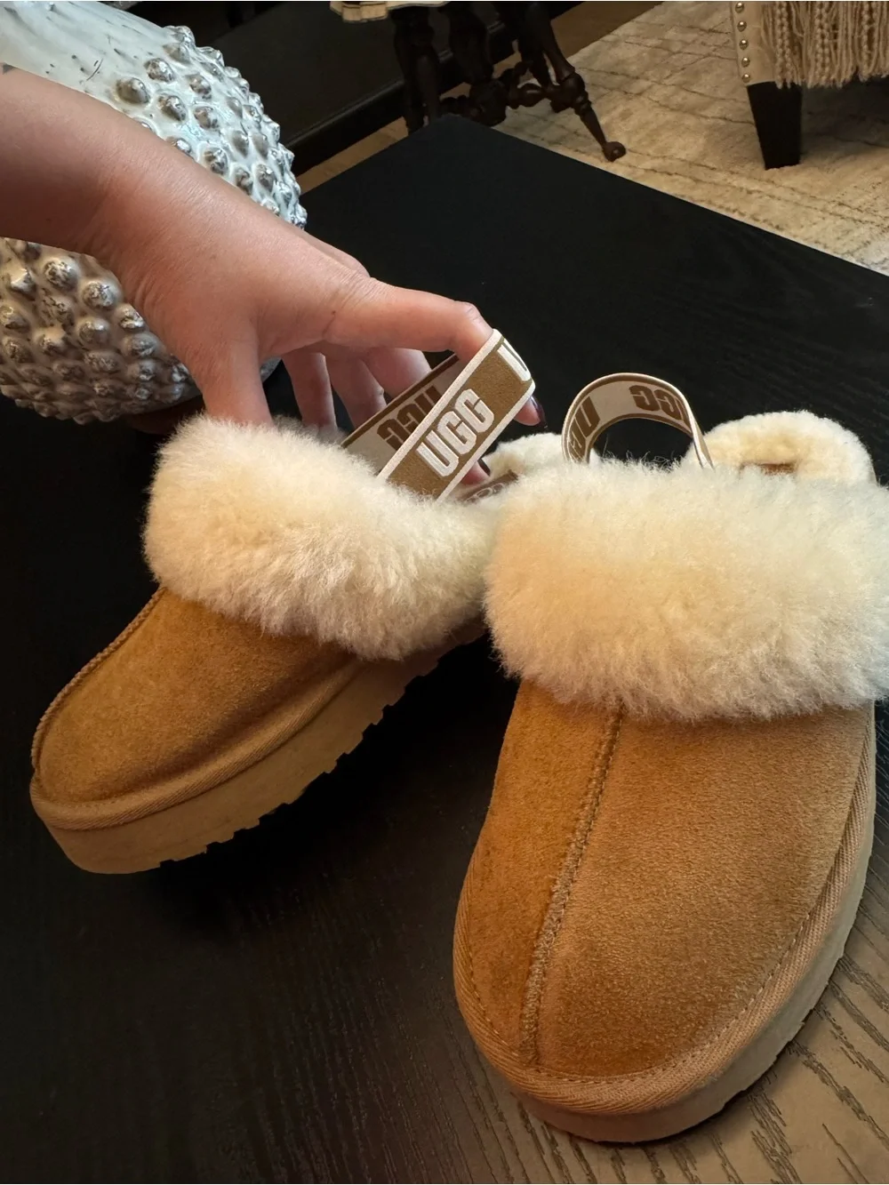 UGG Kids Funkette Chestnut Suede Shearling Slide with Logo Heel Strap